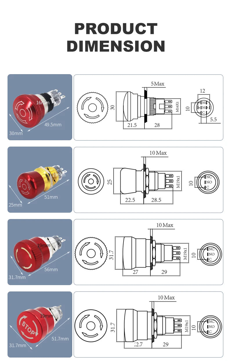 Metal Emergency Stop Switch 16MM 19MM 22MM E-stop Button Rotary Push-pull Emergency Stop Button with LED light 220V 24V 12V