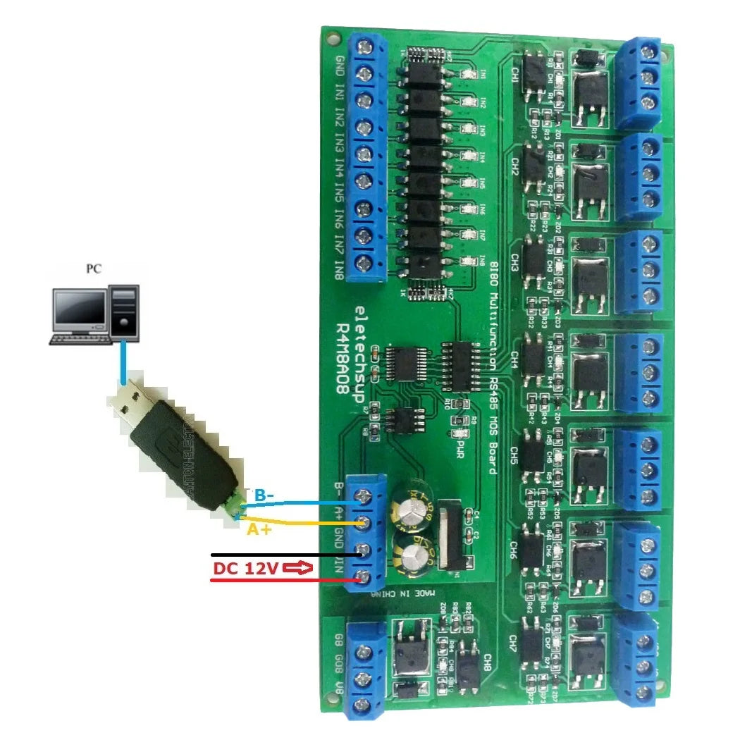 5A DC 6-24V 8I8O Multifunction Modbus RTU MOSFET Module Support 03 06 16 Function Code RS485 Switch Control Board DIN35 Rail Box