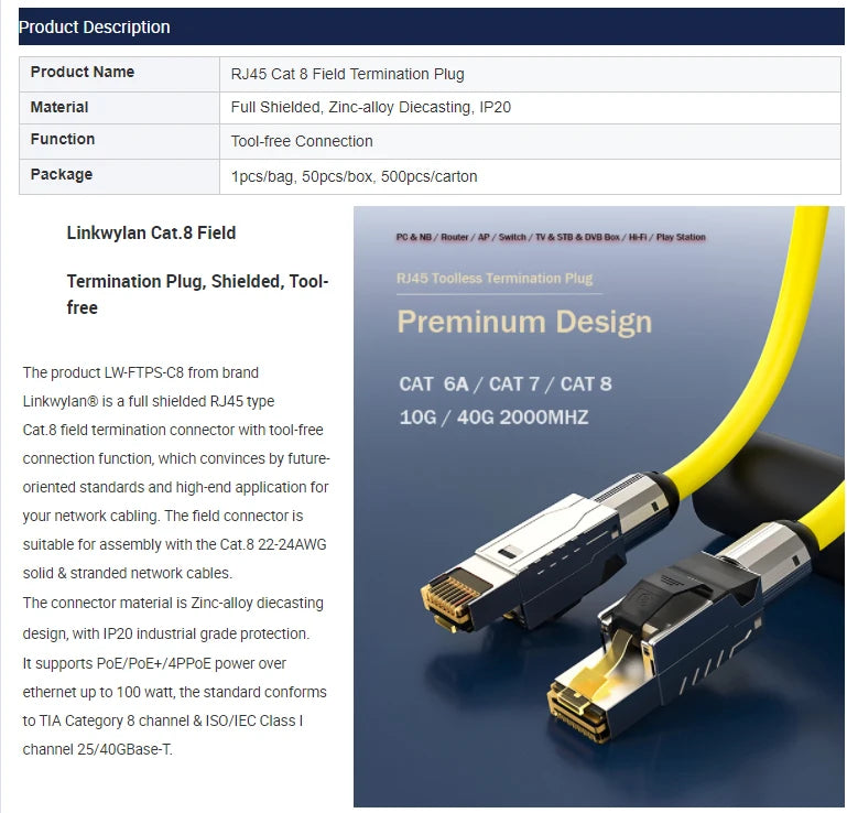 Linkwylan Original Patented Design RJ45 Cat8 Field Termination Plug Shielded Toolless Cat7 6A Hifi Fast Installation Connector