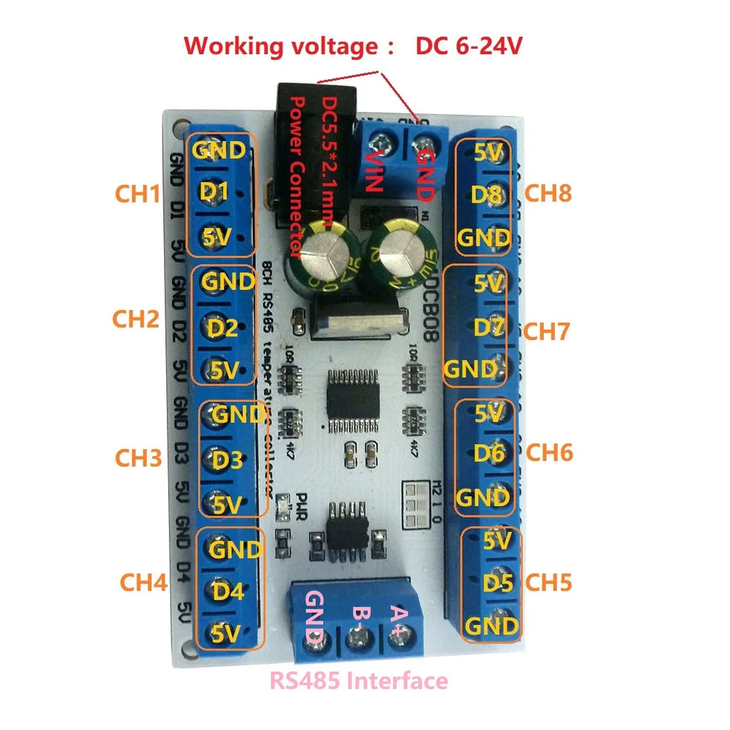 8 Channels DS18B20 RS485 Modbus Rtu Temperature Sensor Remote Acquisition Monitor Digital Thermometer Module Paperless Recorder