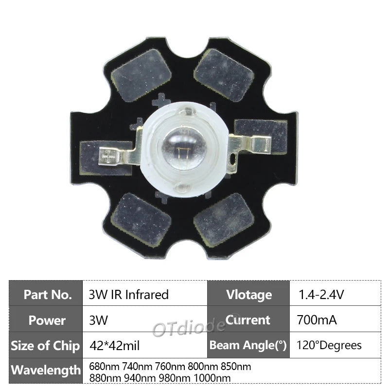 1W 3W 5W High Power LED COB Infrared Red 680nm 740nm 800nm 850nm 880nm 940nm 980nm 1000nm For Lighting CCTV Monitor Cameras