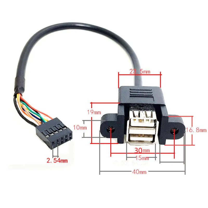 1PCS Dual USB 2.0 Type A Female to Motherboard 9 Pin Header Cable with Screw Panel Mount Holes 30cm