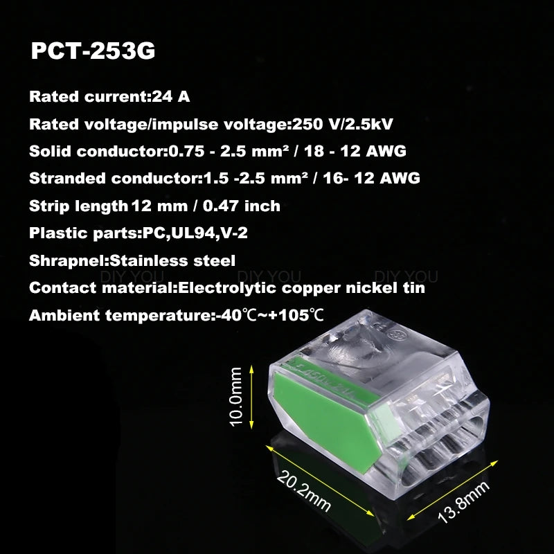 25/50/100Pcs 252/253/254/255 Fast Push-in Conductor Wiring Connector Terminal Block Compact Wire Connector 2/3/4/5Pin AWG18-12