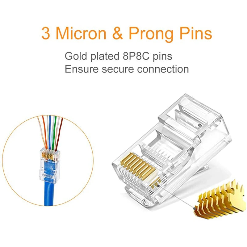 RJ45 Connectors Cat6 RJ45 Pass Through Connector, Cat6/Cat5e Connectors, Ethernet Cable Crimp Connectors Network Plug Set