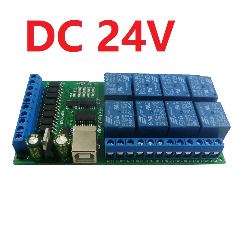 DC 12V 24V 8ch Optically Isolated IN USB COM Relay Module UART RS232 Serial Port Switch Board Digital Collector PLC