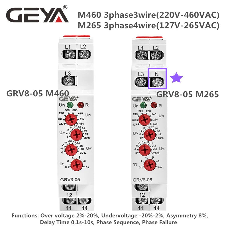 GEYA GRV8-05 Adjustable Overvoltage and Undervoltage Protection Relay with Asymmetry Function Three Phase Monitoring Relay 220V