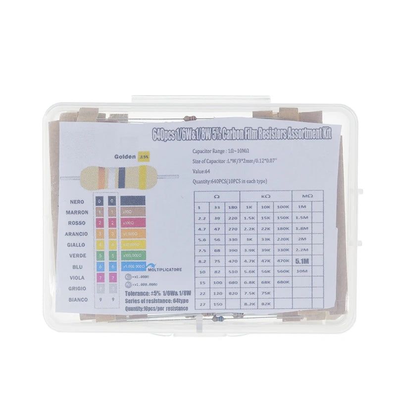 TZT 1/8W 5% 640pcs 64 Values 1R - 10MR 0.125W Carbon Film Resistors Assorted Kit Set