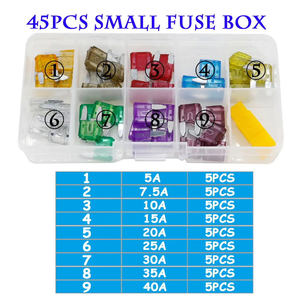 90/45PCS Car Fuse 5/7.5/10/15/20/25/30/35/40A Mini/Small/Medium 24V Automotive Blade Type Zinc Alloy Fuse with Box Clip