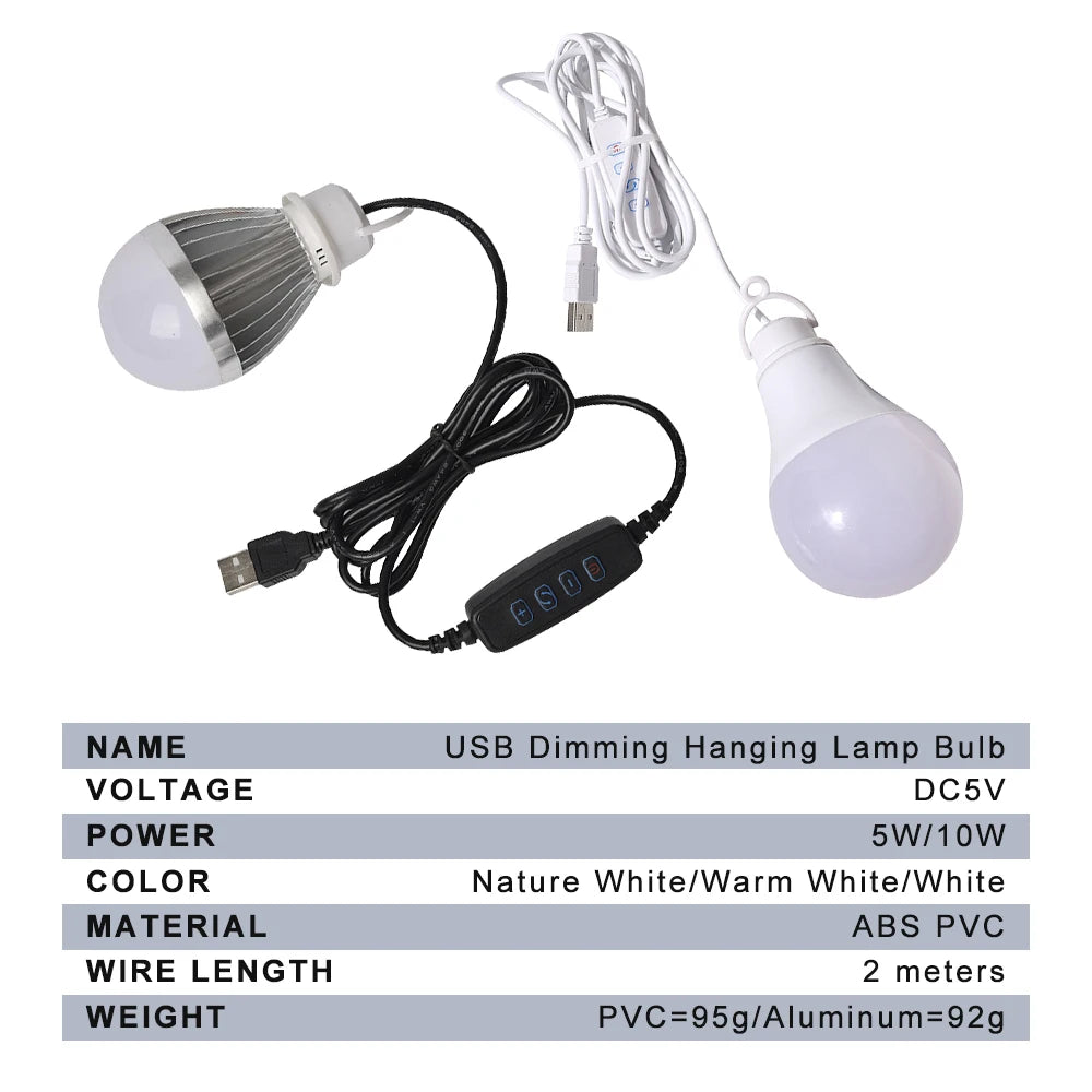 ZHMZH USB LED Bulb Stepless Dimming Brightness Three Color Switch Dimmable Hanging Lamp Light Bulb For Adapter Power Bank 10W