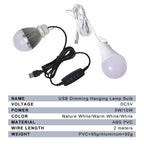 ZHMZH USB LED Bulb Stepless Dimming Brightness Three Color Switch Dimmable Hanging Lamp Light Bulb For Adapter Power Bank 10W