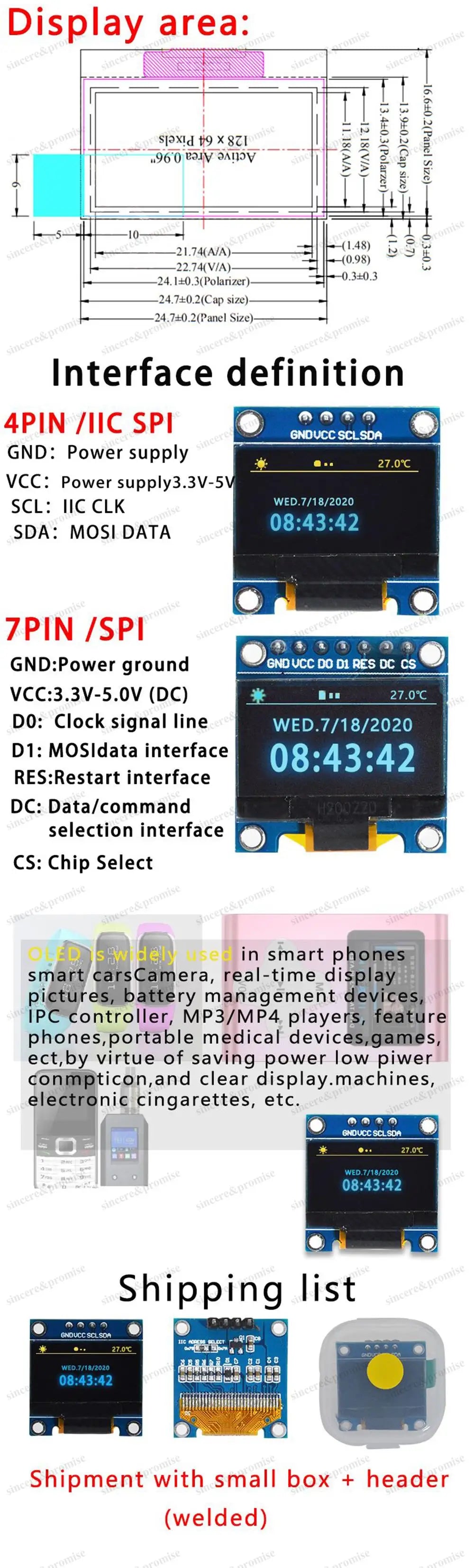 4Pin 7Pin White And Blue Color 0.96 Inch 128X64 Yellow Blue OLED Display Screen Module For Arduino 0.96" IIC I2C SPI Communicate