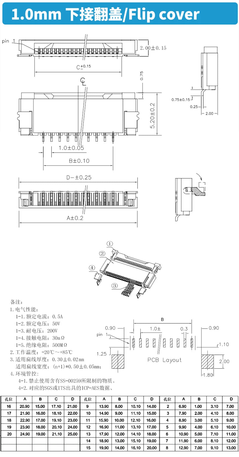 10PCS 0.5mm 1.0mm FPC FFC Connector Flat Cable PCB Connectors SMT ZIF 4 5 6 7 8 10 12 16 18 20 26 28 30 32 36 40 50 54 60P P