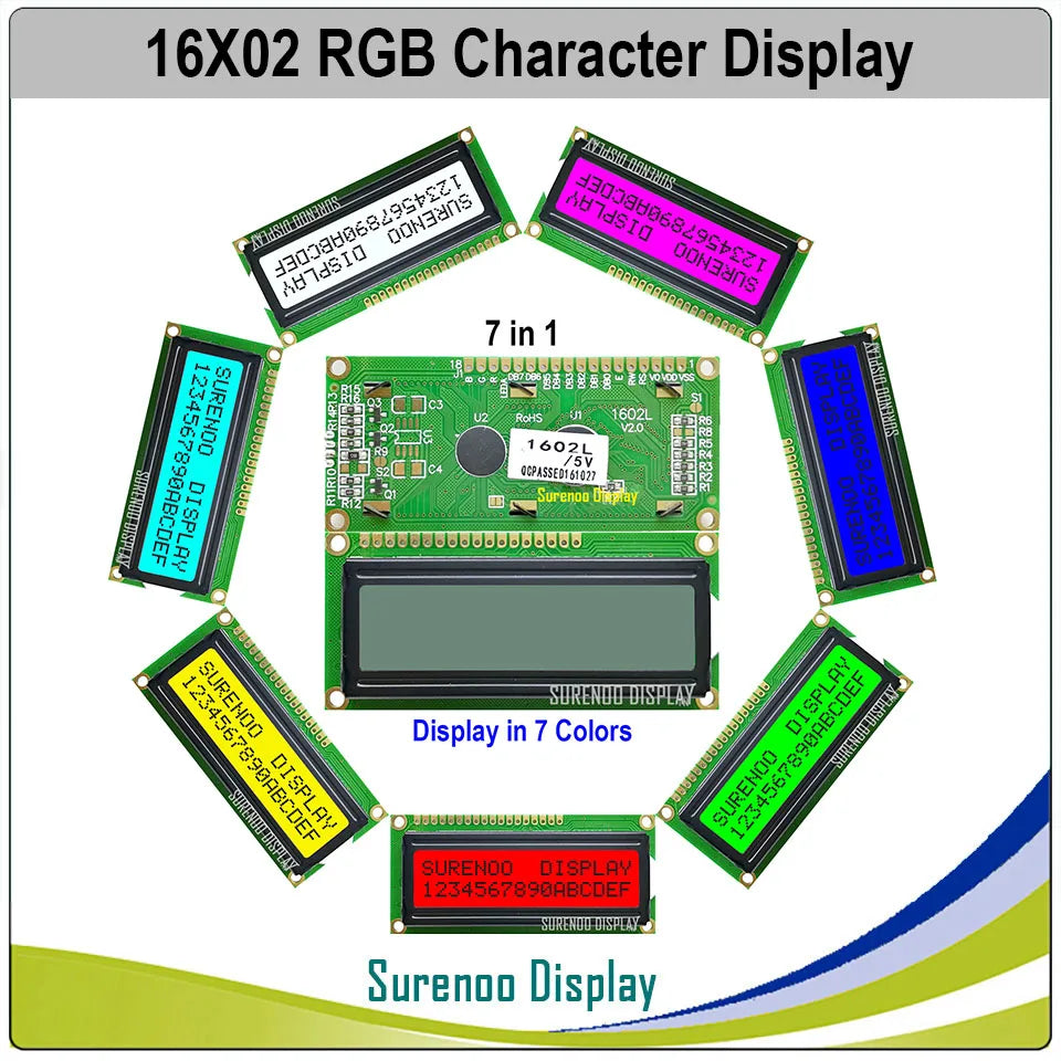Surenoo 162 16X2 1602 5.0V Character LCD Module Display Screen LCM FSTN Positive Negative 7 RGB Colors Backlight