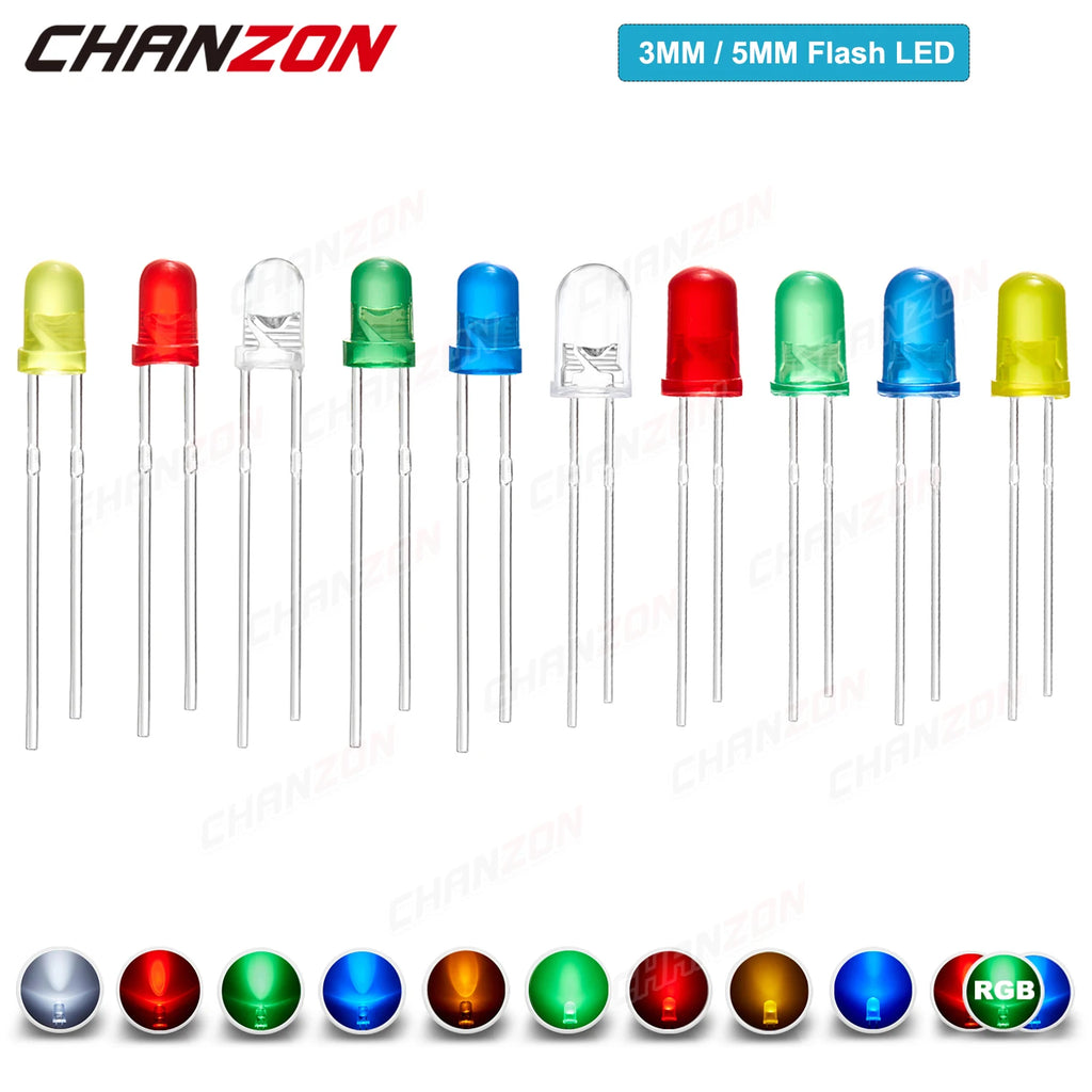 100Pcs 3mm 5mm Led Diode Flashing White Red Green Blue Yellow RGB Fast Slow Flash Diffused Clear Color Changing Light Emitting