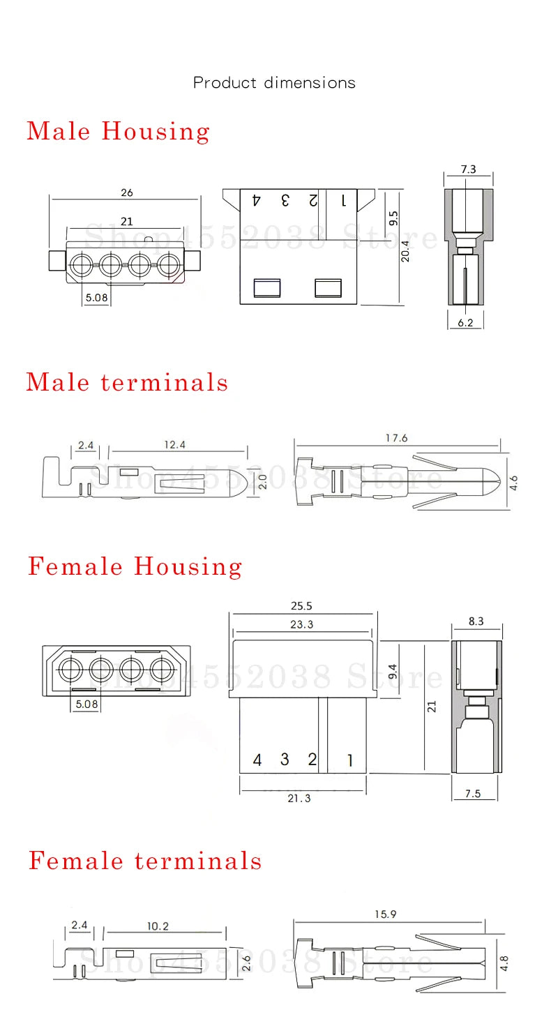 10 Sets ATX / EPS Molex 5.08 mm 4 Pin Male / female Power Connector Housing + Terminals for Computer ATX EPS Power