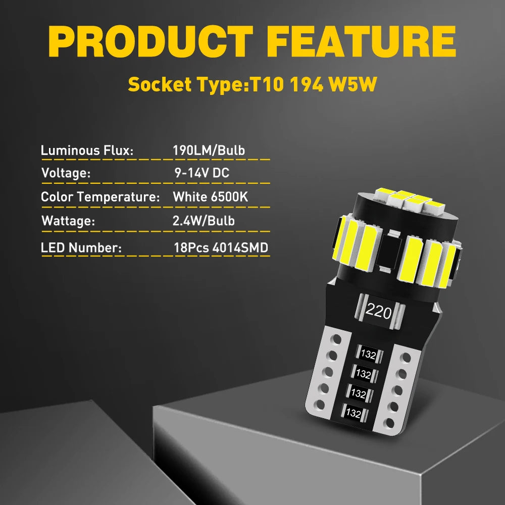 AUXITO 10/8/6/4/2Pcs Canbus T10 W5W 194 501 Led No Error 5W5 Car Interior Light SMD 4014 Chip Pure White Instrument Lights Bulb