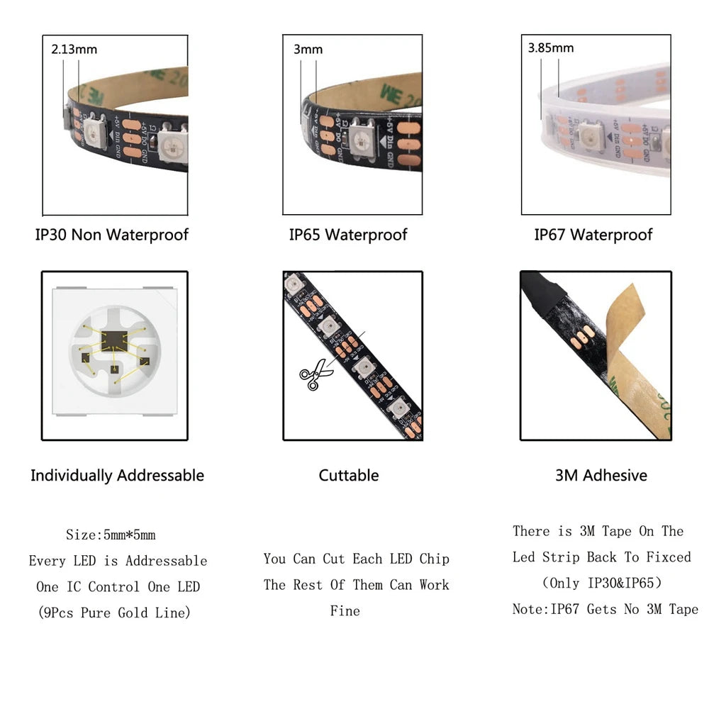 WS2812B Smart Led Strip WS2812 30/60/144Pixels/m RGB Individually Addressable Light USB Bluetooth Music Controller Kit DC5V