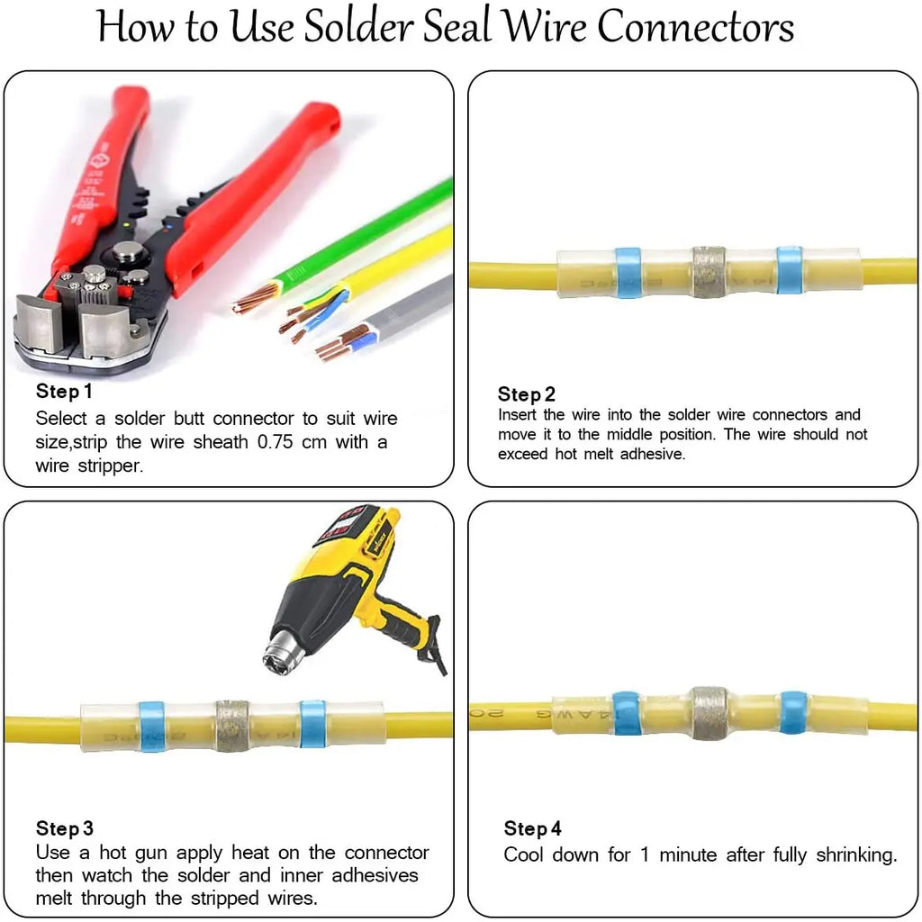 Solder Seal Wire Connectors - Heat Shrink Solder Butt Connectors - Solder Connector Kit - Automotive Insulated Waterproof