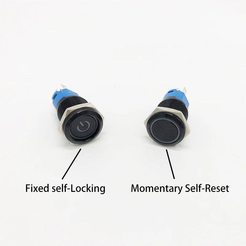 Black Metal Push Button Switch Start Stop 12/24/220V 16/19/22mm Connected LED Backlit Rocket Power Controller Momentary/Latching