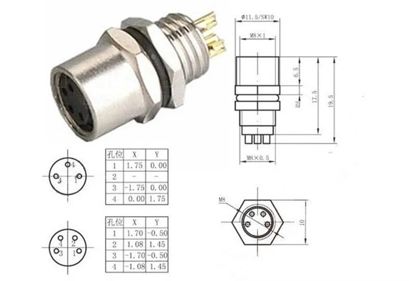 M8 Flange Socket Sensor Male&Female Stainless Steel Connector A Type 3&4 Pin panel back mount threaded coupling