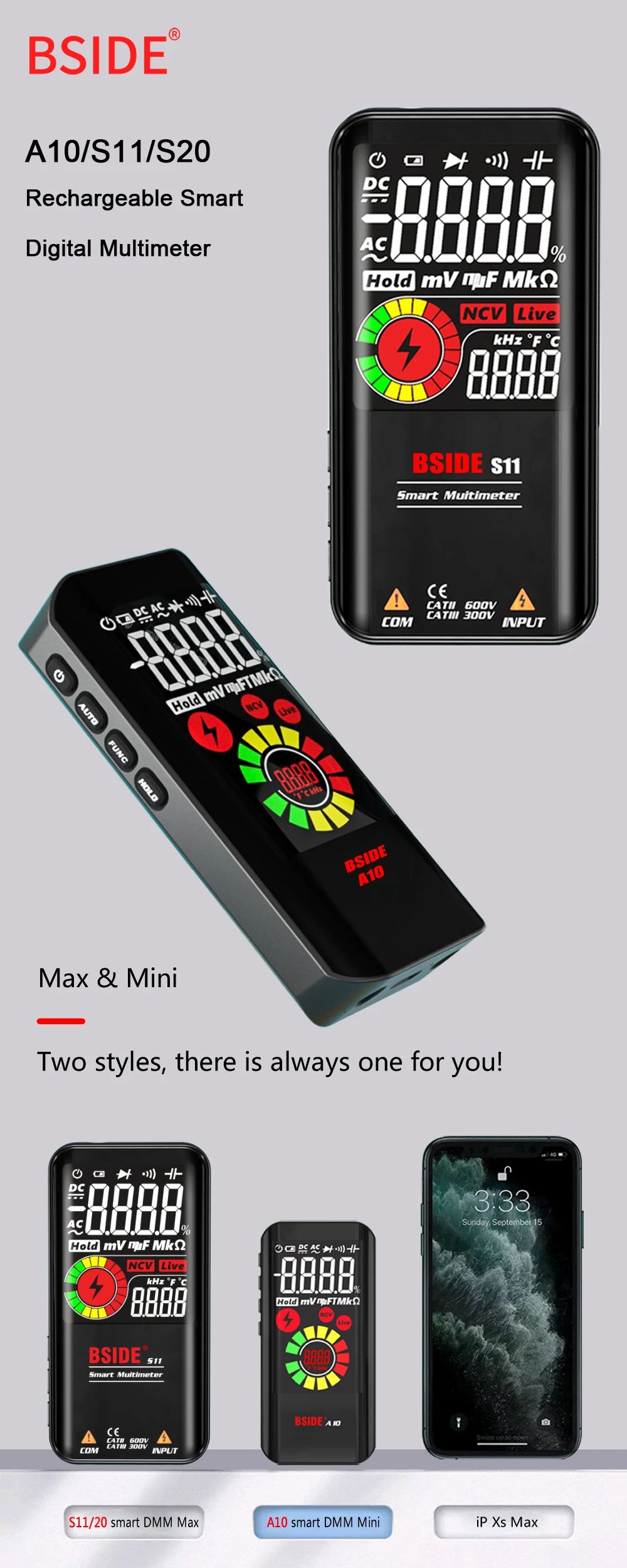 BSIDE Profesional Digital Multimeter Smart 9999 EMF Multitester DC AC Voltage Capacitor Ohm Diode Live Electric Tester USB charg