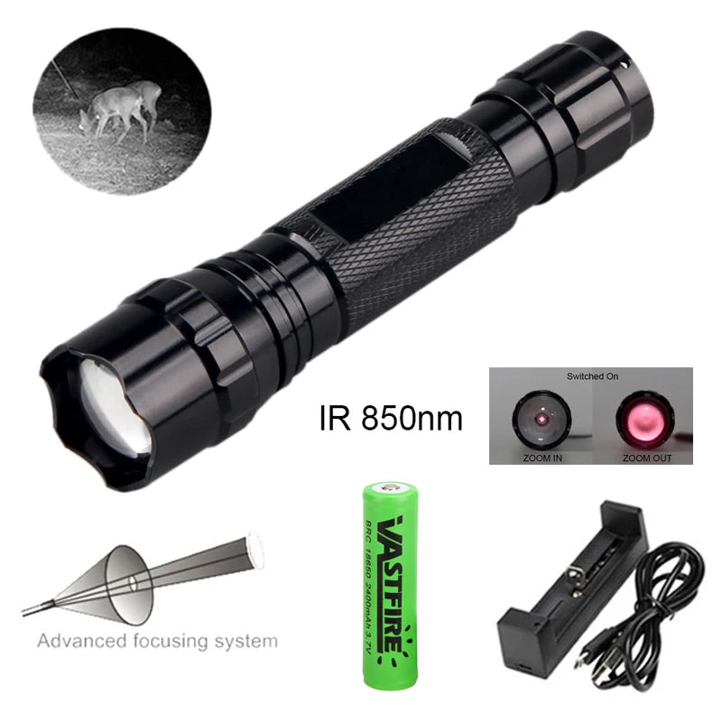 Infrared Night Vision Flashlight Zoomable LED IR-940nm Torch used with Night Vision Device 18650 Battery+Charge+Remote Switch