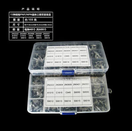 600Pcs 15 Value X 40 Pcs Transistor TO-92 Assortment Box Kit Transistors 2N2222 2N3904 2N3906 C945 S8050 S8550 S9014 S9013 9018
