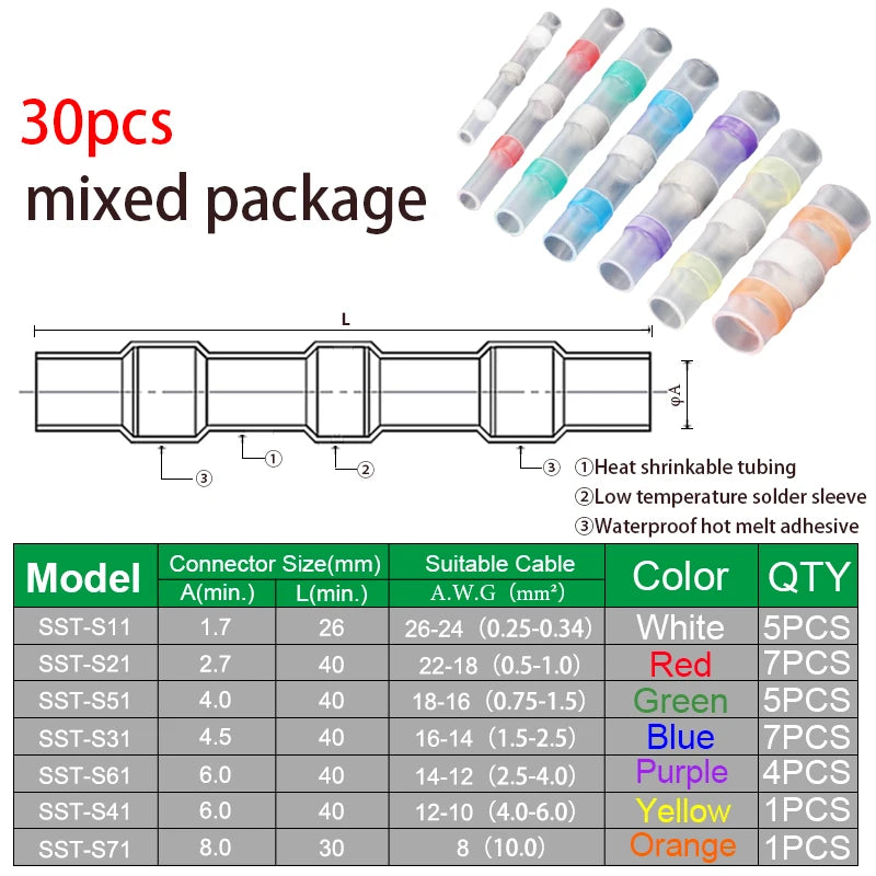 Heat Shrinkable Wire Connectors  SST21 Waterproof Sleeve AWG22-18 Butt Electrical Splice Tinned Solder Seal Terminal