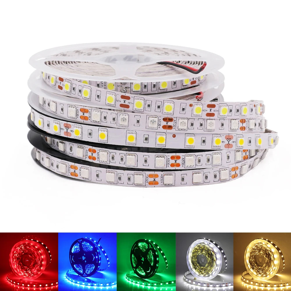 DC12V LED Strip 5050 5054 2835 120 240LEDs/M High Bright White Red Blue Pink Yellow RGB Flexible Ribbon Tape Light Lamp 5m
