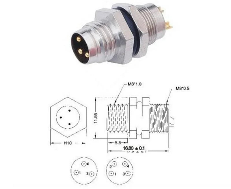 M8 Flange Socket Sensor Male&Female Stainless Steel Connector A Type 3&4 Pin panel back mount threaded coupling