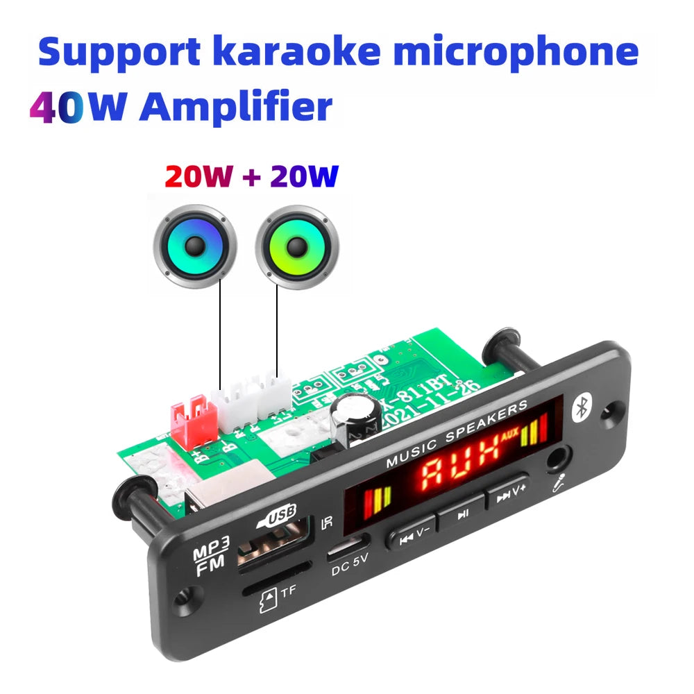 Bluetooth 5.0 MP3 Decoder Board 2*20W 40W Amplifier Audio Player 12V DIY MP3 Player Car FM Radio Module TF USB Mic Record Call