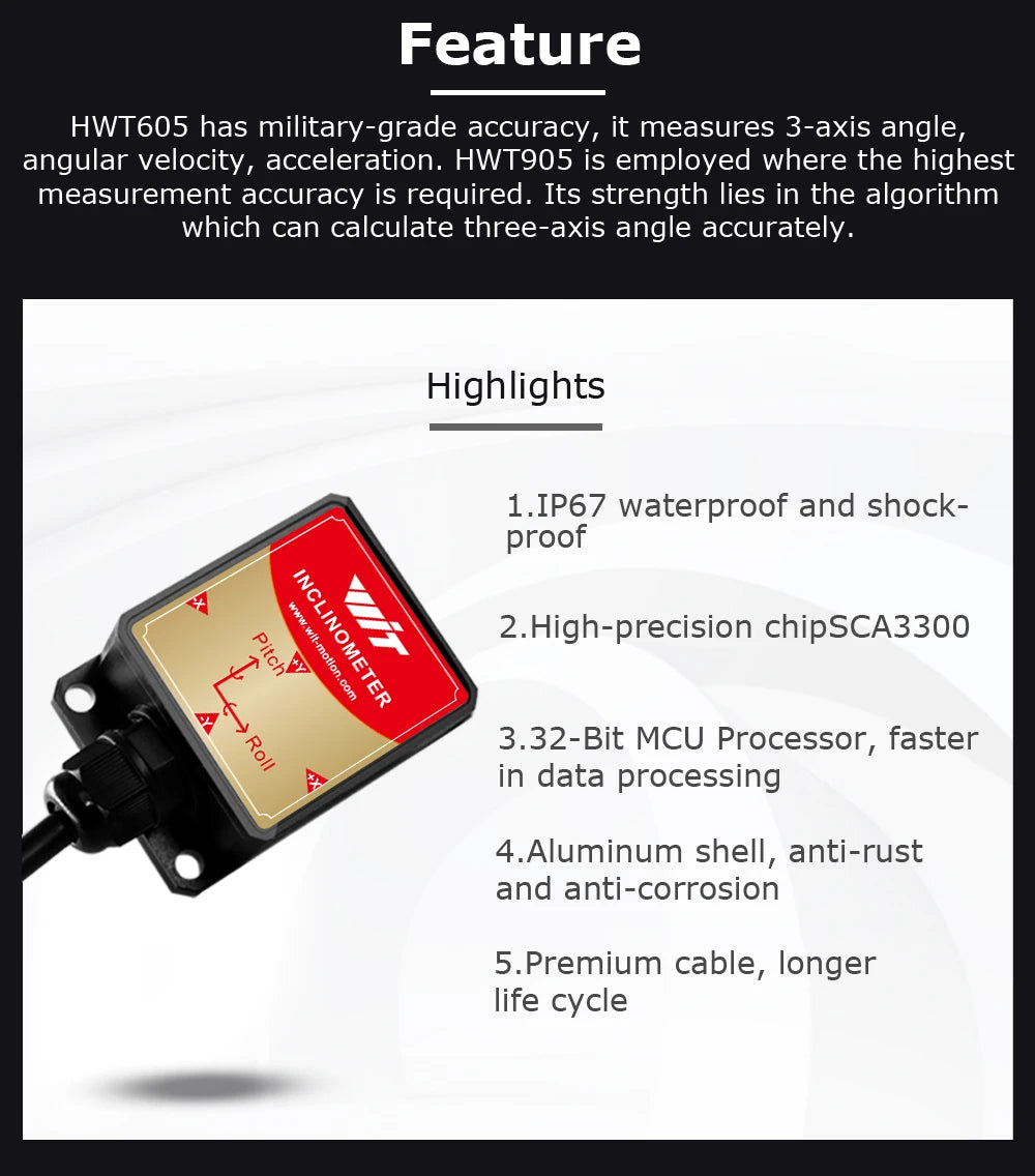 High-Precision Inclinometer HWT605 Accelerometer+Angle+Gyro, MPU9250 IMU, Temperature Compensation, Tilt Angle