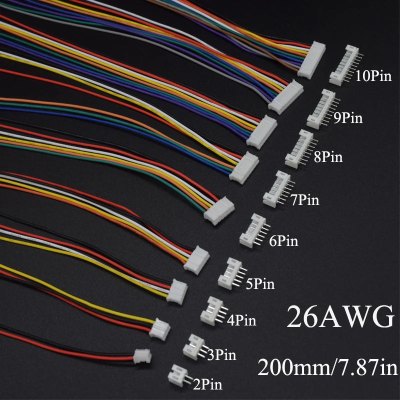 10 Sets Mini Micro JST 2.0 PH Male Female Connector 2/3/4/5/6/7/8/9/10-Pin Plug With Terminal Wires Cables Socket 200MM 26AWG