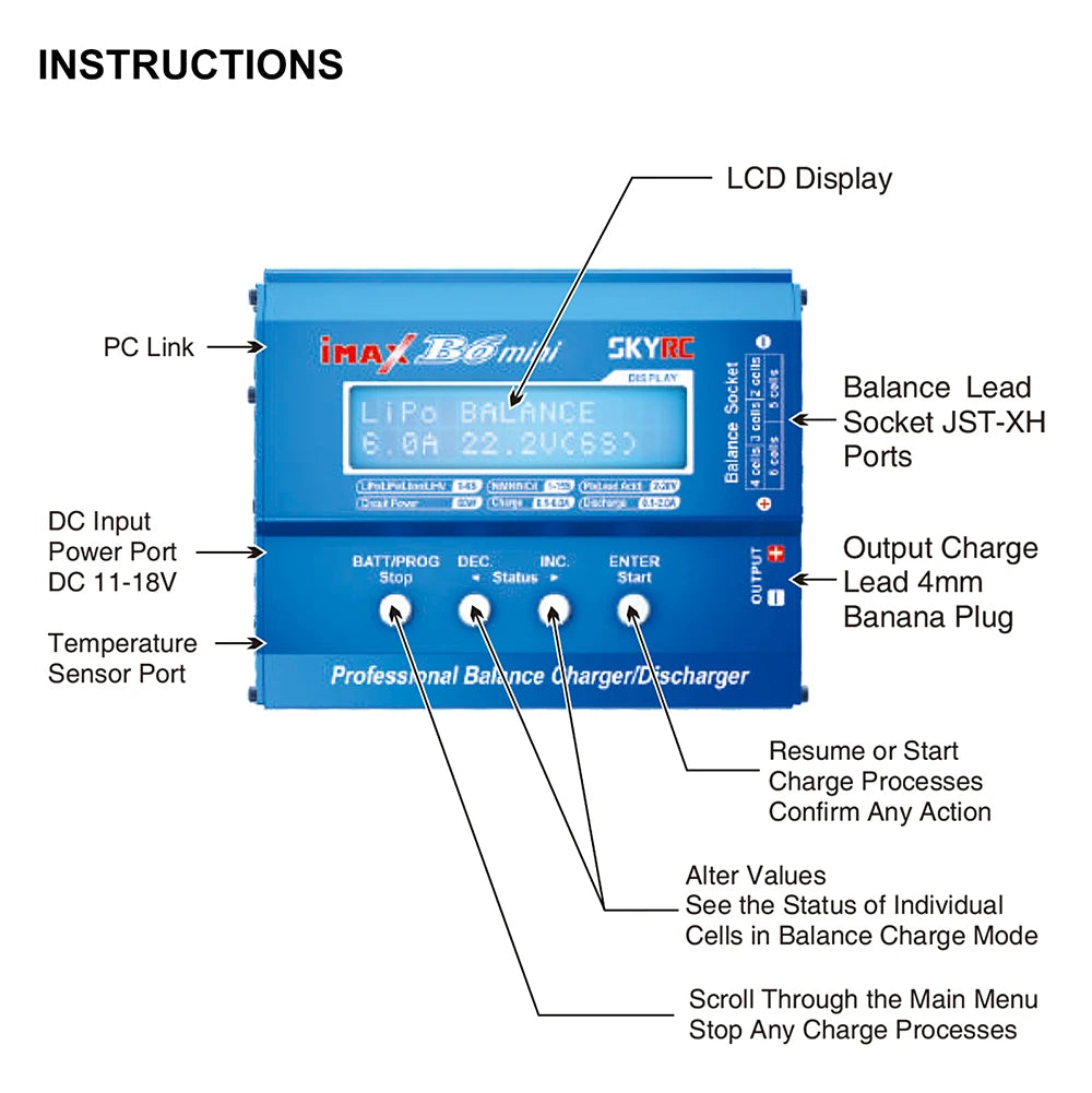 SKYRC Lipo Charger IMAX B6 EVO B6 V2 B6 Mini B6AC V2 Balance Battery Charger Discharger with Adapter Temperature Sensor 6A 1-6S