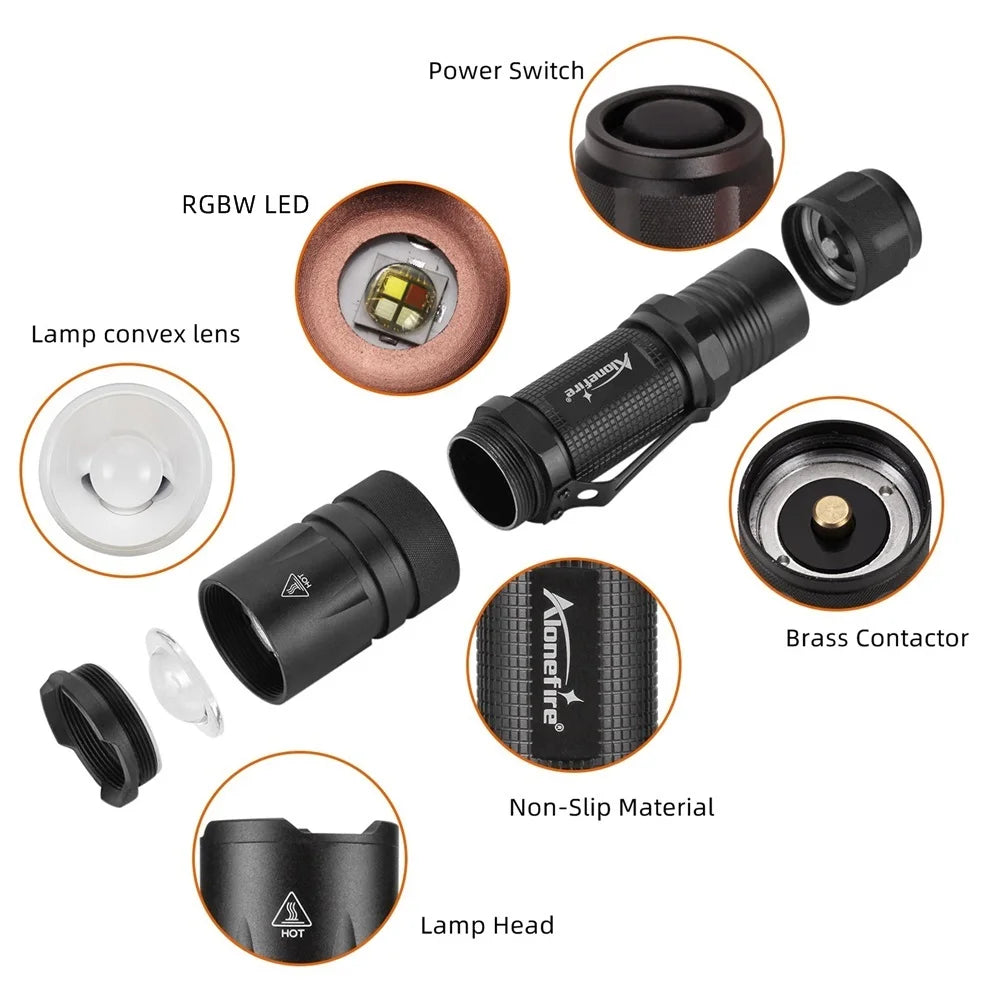 4 in 1 Multicolor Zoom Led White/Red/Green/Blue Lighting Flashlight Outdoor Hunting Photographic Selfie Hiking Camping Totch