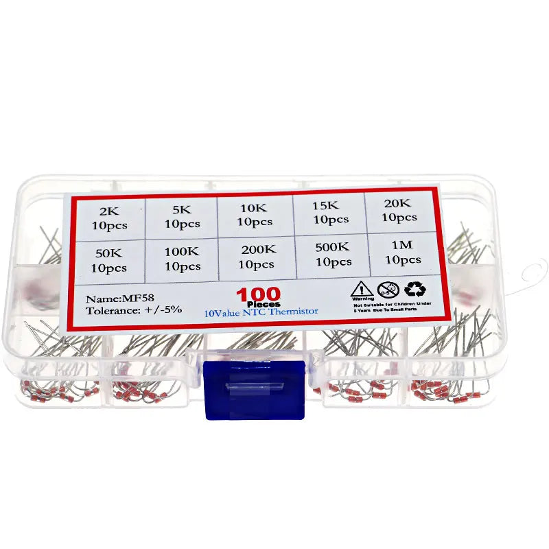 100PCS/Box 10value x 10pcs MF58 NTC Thermistor Resistor Kit NTC-MF58 1K 2K 5K 10K 20K 50K 100K 200K 500K 1M +/-5% 3950 3950B