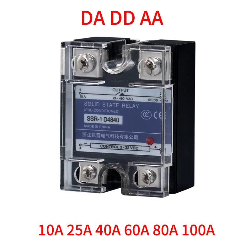 10A~100A Plastic Cover Solid State Relay DA DD AA Single Phase DC Control AC 220V Relay To 3-32VDC SSR-10DA 25DA 40DA