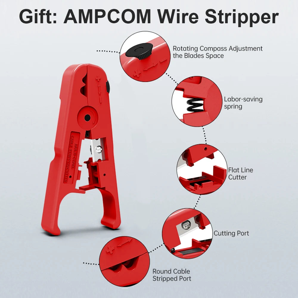 AMPCOM RJ45 RJ11 Pass Through Crimping Tool for Cat7/6A Cat6/5 Ethernet Modular Plugs Connectors With Stripper and Spare Blade