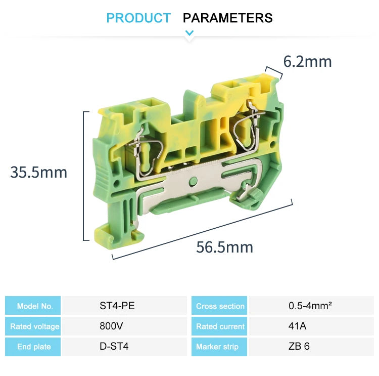 10Pcs ST4-PE Din Rail Ground Connector Spring-cage Terminal Block Feed-through Earthing Electrical Cable 4mm² Connect ST 4-PE