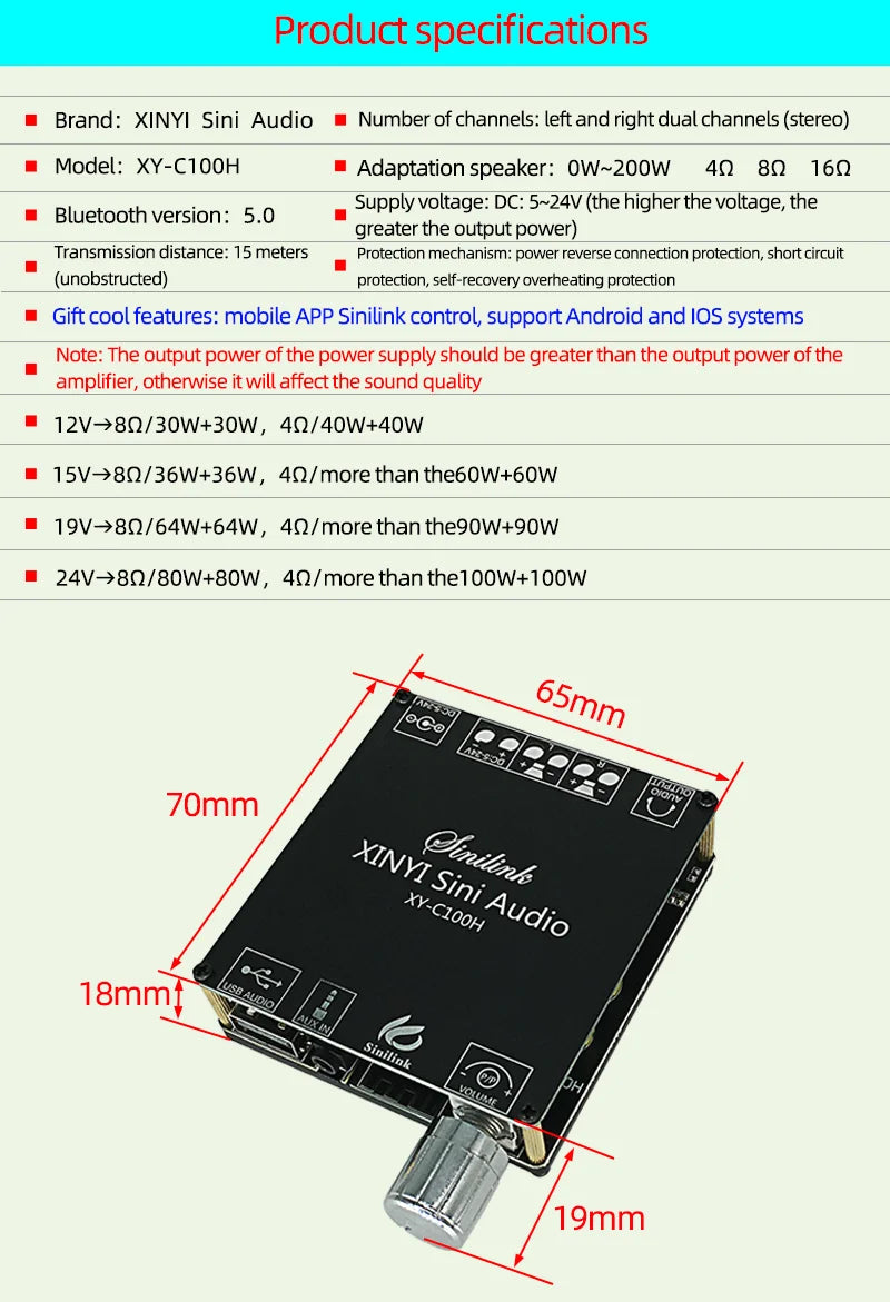 Bluetooth 5.0 Mini Cool Audio Digital Power Amplifier Board 20W*2 50W*2 100W*2 Stereo Wireless AMP Amplificador Module AUX Input