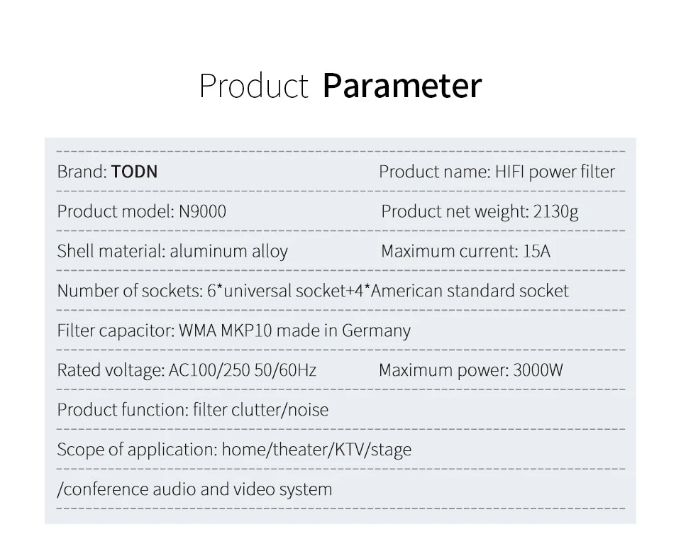 TODN Audio Noise AC Power Filter Power Conditioner Power Purifier Surge Protection with EU Outlets Power Strip