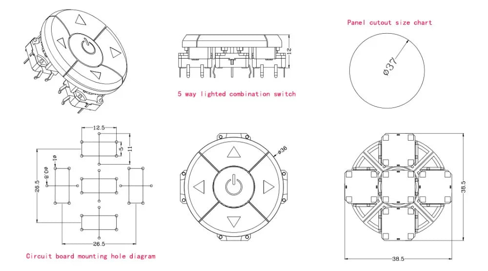 1set A14 cap 5 way direction Combination switch with Arrow OK button 12*12*7.3mm DIP with light Micro Tactile Button switch