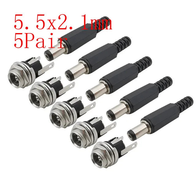 5Pairs 5.5 x 2.1mm DC Power Male Plug + Female Jack Socket Connectors Screw Nut Panel Mount Adapter 5.5*2.1 mm 12V 3A DC022