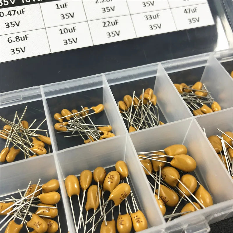 10values 100pcs 35V 0.47uF 1uF 2.2uF 3.3uF 4.7uF 6.8uF 10uF 22uF 33uF 47uF tantalum capacitor assorted kit with storage box