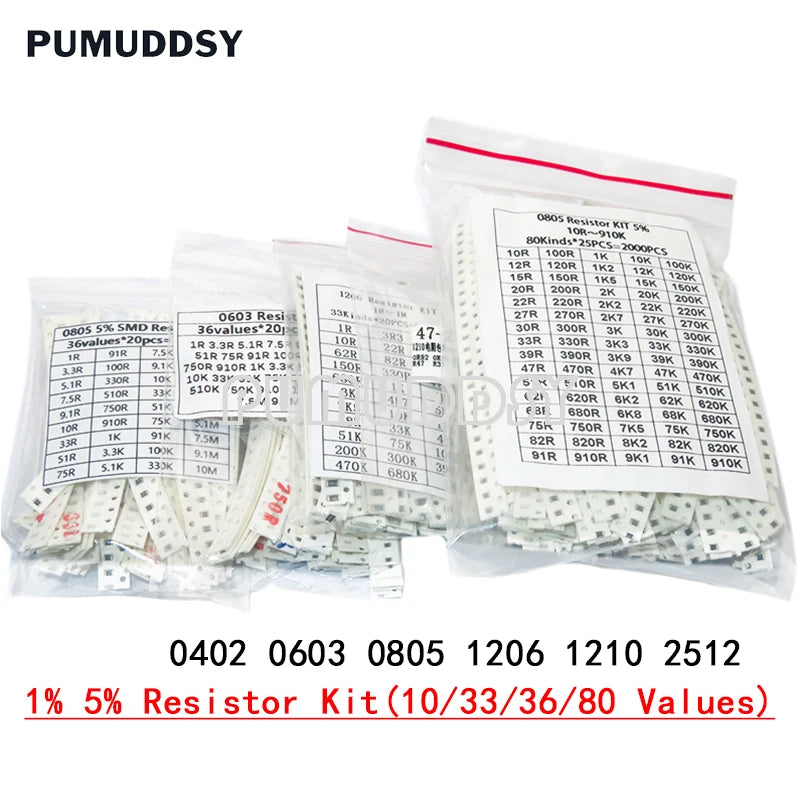 200pcs 660pcs 720pcs 4000pcs 0402 0603 0805 1206 1210 2512 smd resistor kit igmopnrq assorted kit 10k 100k 1k 1r 100r 220r 1% 5%