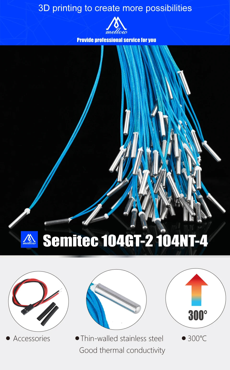 Mellow High Temperature ATC Semitec 104GT-2 104NT-4-R025H42G Thermistor Cartridge 104 for V6 Volcano Heater Block