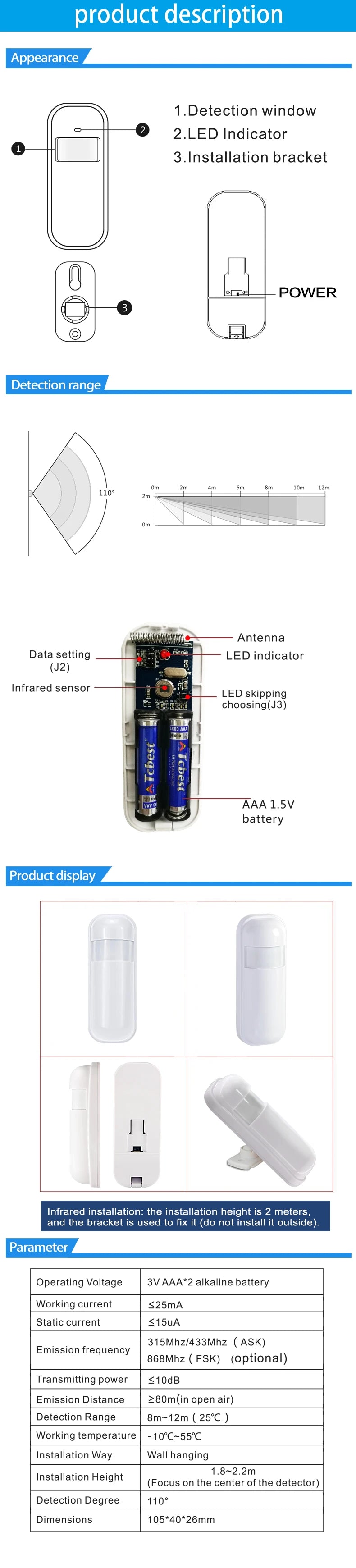 ALARMEST 433MHz Wireless PIR Infrared Motion Sensor for GSM WiFi Home Alarm System PIR Motion Sensor Detector
