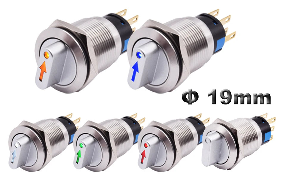 19mm 2 3 Position Metal Selector Rotary Switch Latching Push Button Switch SPDT with 12V LED Illuminated Switch 1NO1NC ON OFF