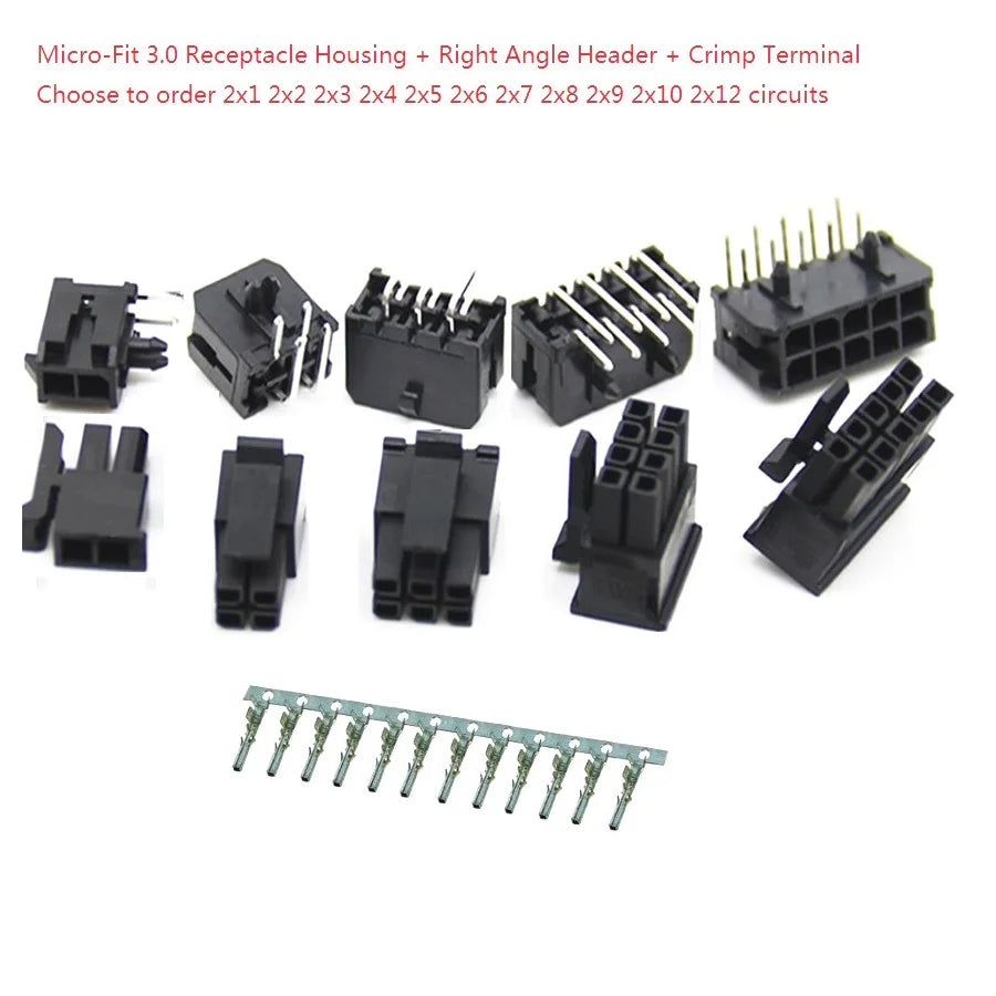 10Sets Micro-Fit 3.0 MM Receptacle Housing Dual Row 2 4 6 8 10 12 14 16 18 20 24 Circuits + Right Angle Header + Crimp Terminal