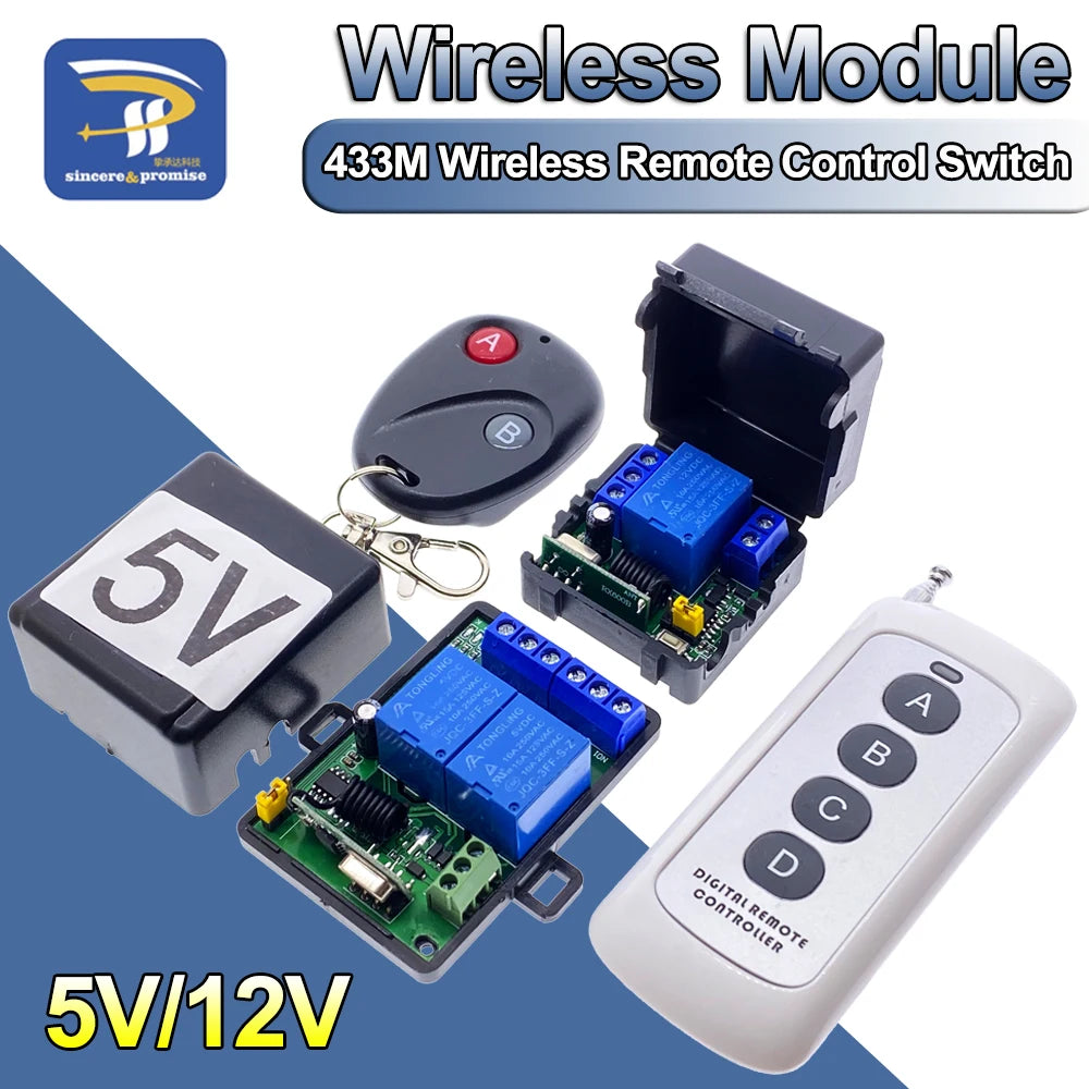 433Mhz RF Remote Control Wireless Switch DC 5V 12V 1CH 2 Way Relay Receiver and 2CH Transmitter For Door Electromagnetic Lock